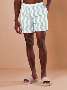 SUMWON Wavy Pattern Quick-Drying Board Shorts Summer Beach Vacation Swimming Trunks Athletic Surf Pool Shorts With Side Pockets Resort Wear Swimming Shorts - Green - View 1