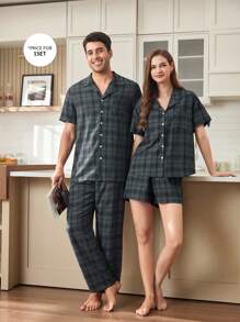 SHEIN 格子印花翻领短袖上衣和裤子睡衣套装男士，适合男友礼物