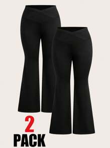 SHEIN EZwear Plus Size Women's Black Flare Pants, Casual & Versatile,Holiday Outfits,Summer,Business Casual Woman,2pcs