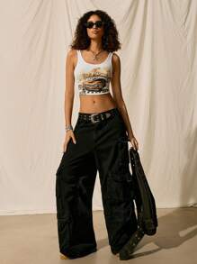 Easelle Car & Letter Graphic Crop Tank Top - White - View 2