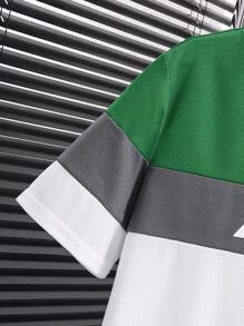 SHEIN 2 件套青少年男孩运动休闲装，包括圆领拼色短袖 T 恤和松紧腰裤，舒适百搭，适合春季、夏季、秋季、日常穿着、户外活动、学校、聚会、派对、休闲 - 墨綠色 - 查看 4