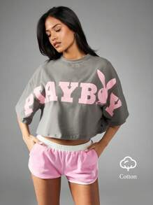 Missguided x Playboy 超大短款 T 恤都市街头运动休闲家居服复古标志短袖棉混纺休闲夏季春季时尚个性上衣 - 深灰色 - 查看 7