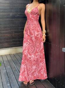 SHEIN Unity 女式夏季海滩度假佩斯利印花露背系带纽扣设计细肩带连衣裙 - 紅色 - 查看 4