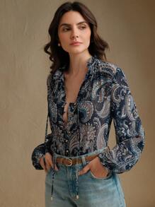 Anewsta 佩斯利印花长袖立领飘逸衬衫，适合伊比沙岛，春季，海滩 - 藏蓝色 - 查看 5