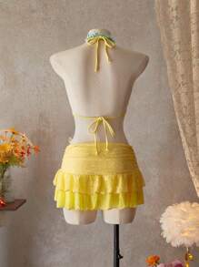 Bellisia Women's Summer Vacation Beach Solid Color Ruffled Halter Bikini Top