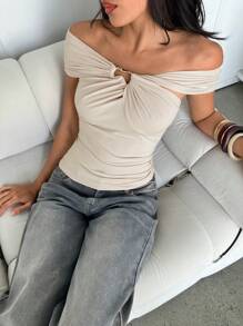 Aloruh Women's Elegant Hollowed Metal Button Decor Off-Shoulder Solid Beige Fitted T-Shirt - Apricot - View 8