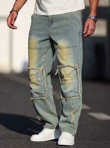 Manfinity Homme Quần Jeans Nam Ống Thẳng Thường Ngày Có Túi Và Chi Tiết Viền Thô, Đa Năng - Màu xanh lam - Xem 8