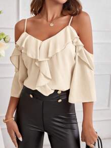 SHEIN Clasi Camisa primaveral de mujer de unicolor con hombros descubiertos y volantes - Caqui - Ver 6