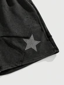 ROMWE MEN Street Life Pantaloni scurți bărbătești cu model pentagramă și strasuri, potriviți pentru purtare zilnică primăvara/vara - Negru - Vizualizare 4