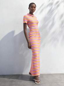 Maija Váy kẻ sọc gợn sóng nhiều màu cho nữ, Váy len dệt kim tay ngắn họa tiết hình học giản dị, lãng mạn, thời trang, kỳ nghỉ hè tại khu nghỉ dưỡng - Nhiều màu - Xem 5