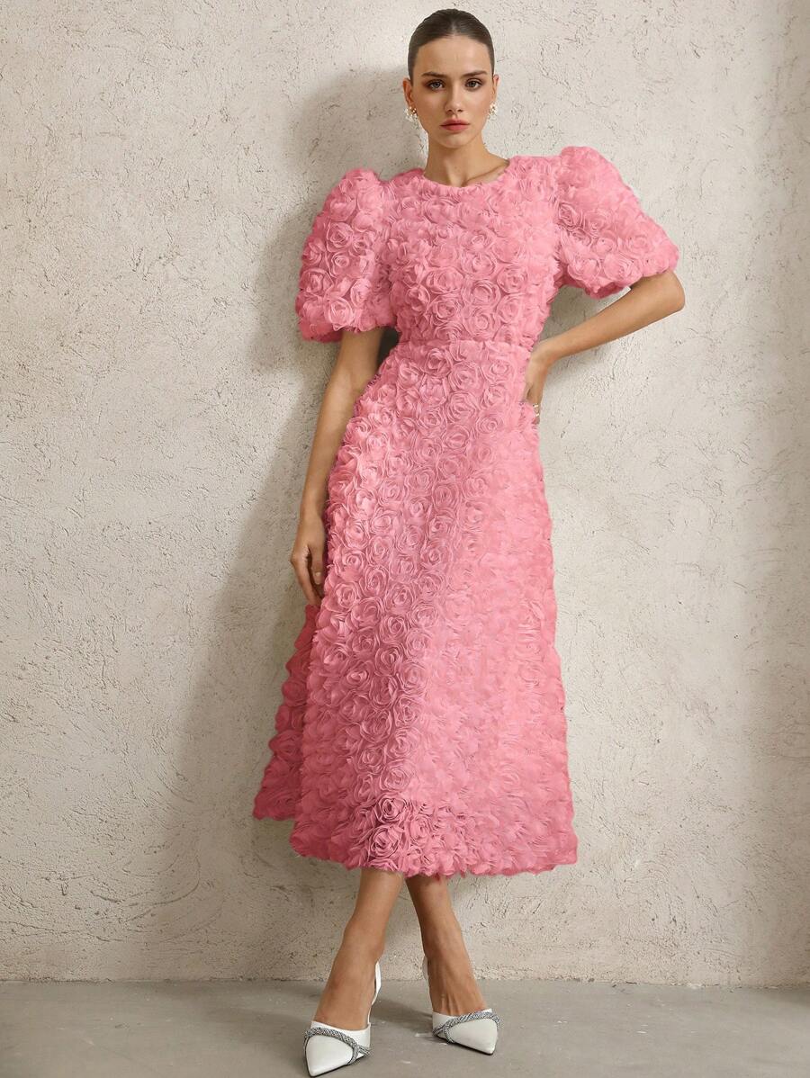 Aveloria Rosie 法式浪漫3D玫瑰V领泡泡袖腰部修身加长女士连衣裙 - 粉色 - 查看 1