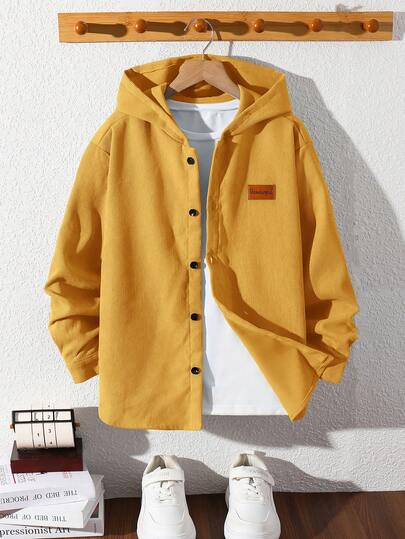 SHEIN Tween Boy Casual Corduroy Applique Hooded Loose Woven Shirt Fall Winter