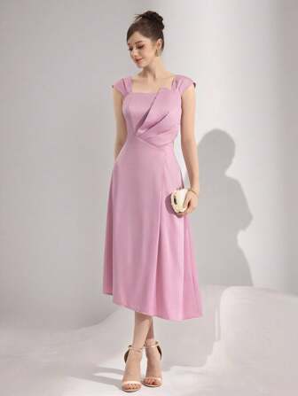 Poshira Elegantes, einfarbiges, asymmetrisches Midikleid für den Sommer für Damen, modisches, elegantes und schlichtes Ballkleid für Damen, kann zu vielen Anlässen getragen werden (Brautkleider, Abschlussballkleider, Geburtstagskleider), modisch und schmal, bequemer und weicher Stoff mit hohem Preis-Leistungs-Verhältnis, Plissee-Plissee-Verfahren und Spleißdesign aus verschiedenen Materialien sind einzigartig und neuartig, Plissee-Ausschnittdesign und Taillendesign sind modisch und schmal, rotes A-Linien-Taillenkleid