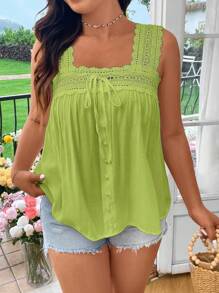 Lyrianda 大码女式单排扣前系带撞色蕾丝衬衫 - 綠色 - 查看 7