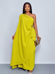 SOLERSUN 大码女式时尚纯色优雅垂坠单肩宽松长裙，配金色饰边细节不对称连衣裙，春夏，婚礼季节，无袖长裙 - 綠色 - 查看 1