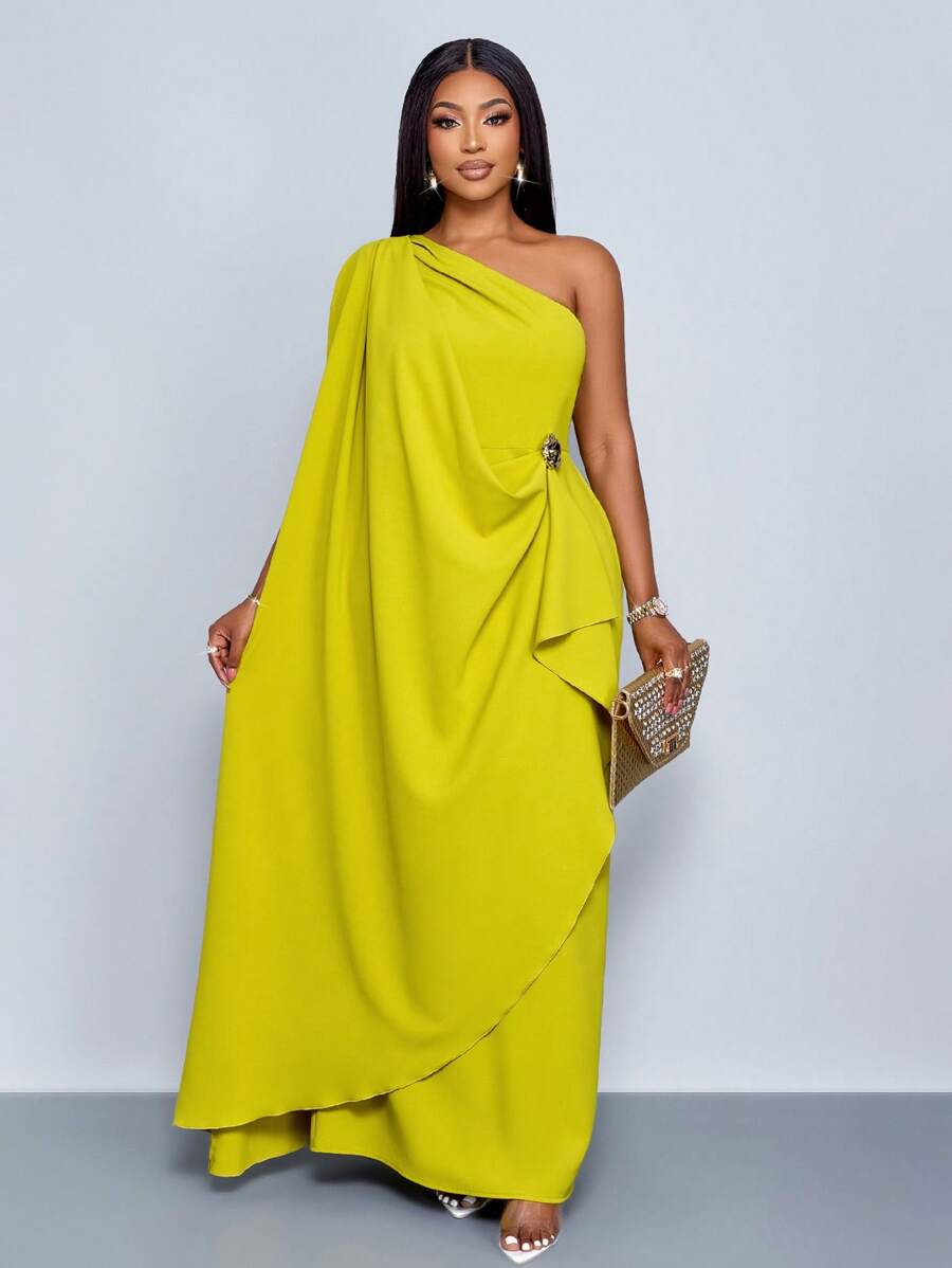 SOLERSUN 大码女式时尚纯色优雅垂坠单肩宽松长裙，配金色饰边细节不对称连衣裙，春夏，婚礼季节，无袖长裙 - 綠色 - 查看 1