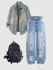 青少年男童复古美式做旧猫须牛仔裤，宽松休闲工装裤，蓝色，适合学校、校园、大学暑假穿着 - 中等水洗藍 - 查看 3