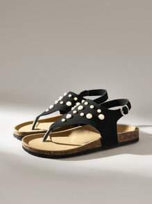 Solecia 女士新款棕色复古波西米亚海滩风格人字凉鞋，大珍珠装饰，别致扣环，舒适厚底，轻便度假风格平底凉鞋 - 黑色 - 查看 2