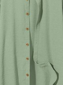 SHEIN 青少年男孩纯色单排扣短袖纹理休闲衬衫，夏季休闲学校/日常/旅行/海滩时尚柔软舒适 - 薄荷綠 - 查看 5