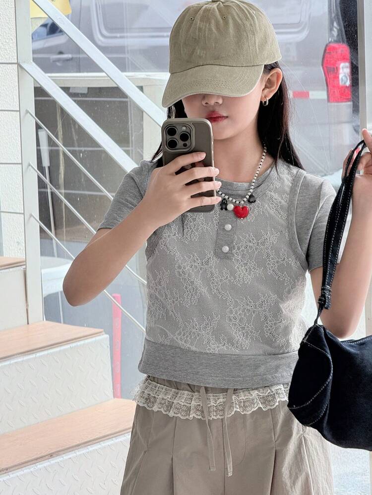 Tween Girl Lace Patchwork Short Sleeve T-Shirt, Summer, Back To School