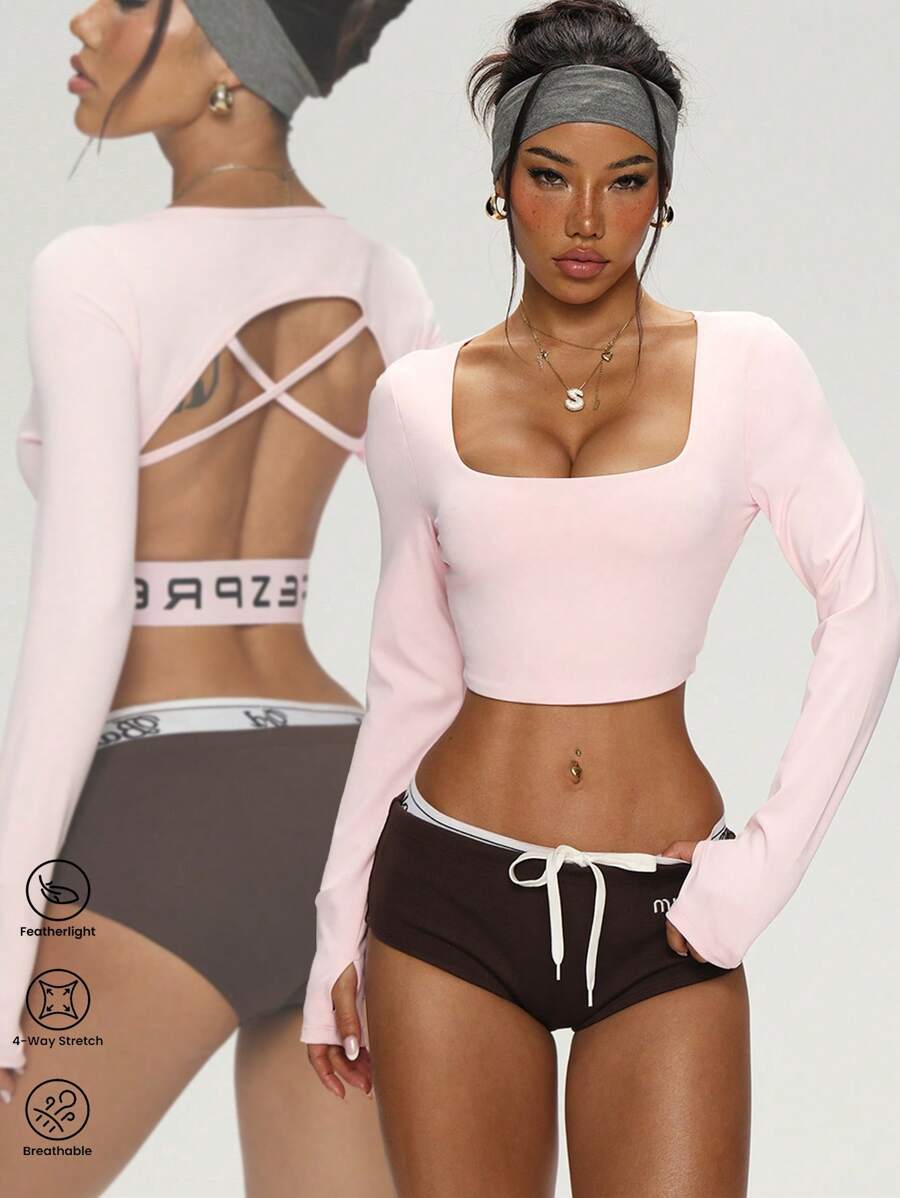 Easithlete Conjunto de Roupas Femininas Esportivas e Fashionistas para Yoga, Fitness, Pilates e Exercícios, Design Confortável, Casual e Versátil com Costas Expostas e Elástico, com Alças Tipo Regata e Enchimento Removível, Não Transparente, Adequado para Corrida, Sobreposição, Top de Manga Longa Rosa - Rosa chiclete - Visão 1