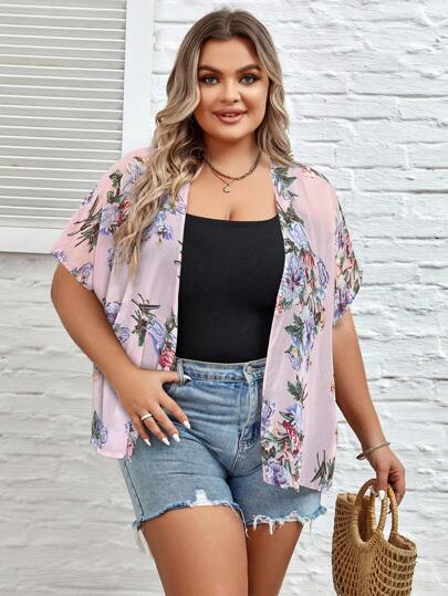SHEIN VCAY Plus Size Women Floral Print Short Sleeve Kimono Cover Up
