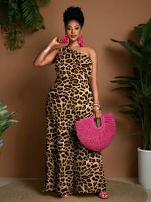 Maweii Plus Size Women Leopard Print Sleeveless Wide Leg Jumpsuit