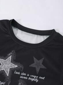 2 件套女童街头时尚星星图案修身短款针织 T 恤 + 宽松牛仔印花工装裤套装 - 黑色 - 查看 4