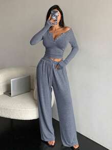 DAZY 2pcs Women Solid Color Button Half Placket Long Sleeve T-Shirt And Pants Casual Thermal Lined Set Fall, Winter Lounge Sets For Women - Navy Blue - View 4