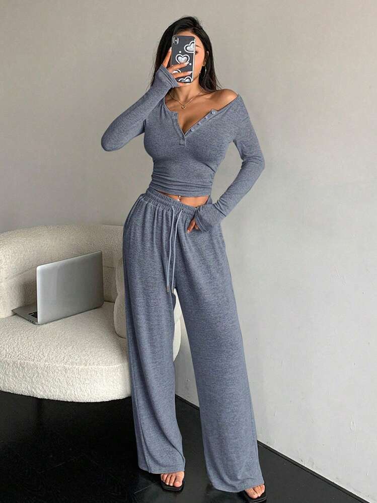 DAZY 2 piezas Conjunto de camiseta de manga larga con botones y pantalones de unicolor, forrado térmico, informal, para otoño e invierno, para mujer - Azul Marino - Añade 4