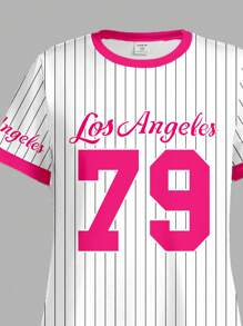SHEIN Young Girl Pink Stripe, Jersey "Los Angeles" No.79 Print Casual Loose Short Sleeve Mid-Long Dress, Suitable For Summer