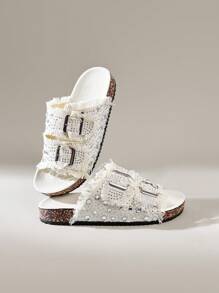 Solecia Women's Round Toe Rhinestone Fringed Fashion Daily Casual Sandals - Beige - View 6