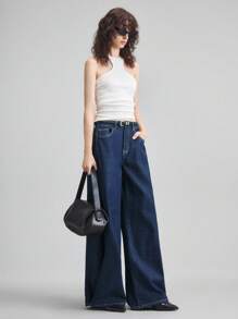 Ontre Jeans de tiro bajo de color azul oscuro con pierna ancha para mujer, jeans casuales de ajuste holgado para primavera/verano, jeans de vestir casual, para oficina/profesora