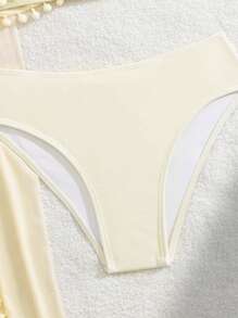 Women's Ivory Beach Vacation Ruffled Shoulder Bikini Set With Pants For Summer - Beige - View 6