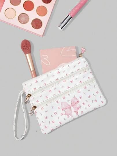 Kawaii Cartoon Full-Print Polka Dot Bow Large Capacity Portable 3-Zipper Cosmetic Bag, 401422