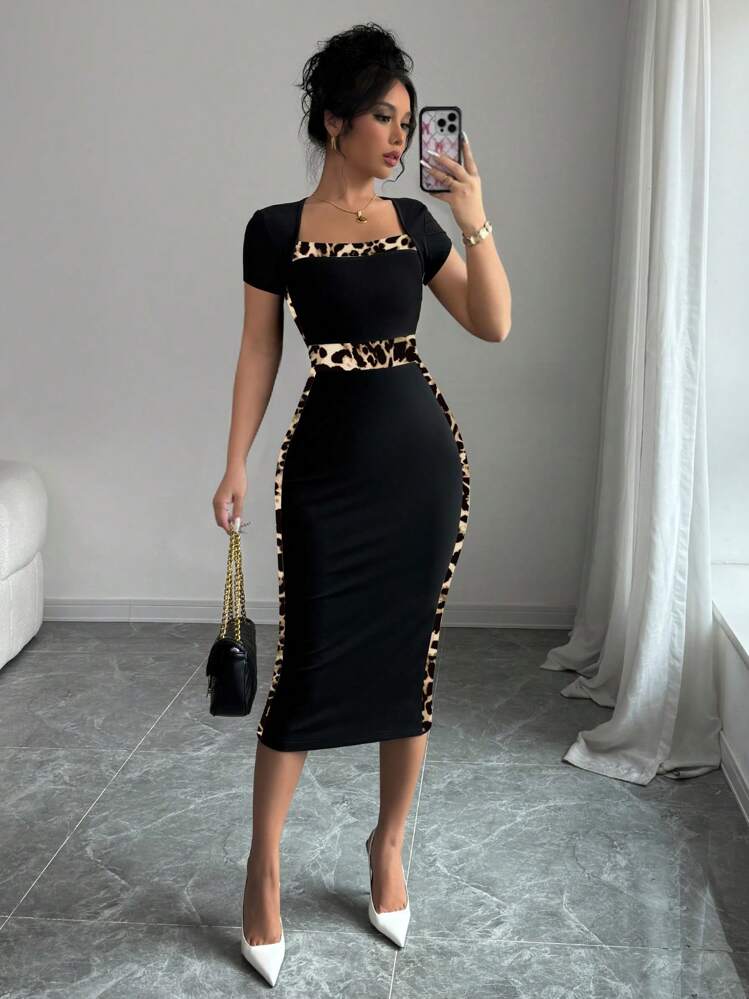 Elenzga Leopard Print Patchwork Bodycon Square Neck Mini Dress For Women - Black - View 1