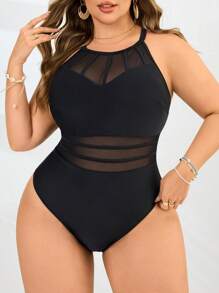 Swim Lushoire Plus Size Women's Elegant Black One-Piece Swimsuit With Semi-Sheer Mesh Panels And Tie Back Detail