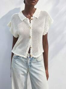 Maija 女士夏季休闲纯色镂空针织开衫，贝壳扣复古风休闲衬衫，夏威夷风格