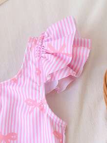 SHEIN Baby Girl Cute Bow Pattern Printed Double Layer Ruffle One-Piece Swimsuit, Pink Striped,Perfect For Summer Beach Vacations