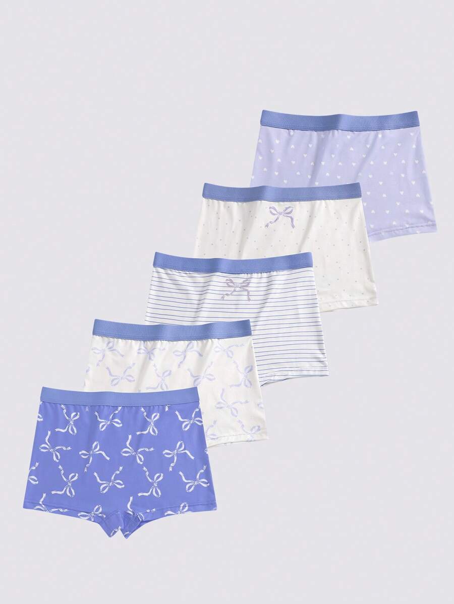 5件套 Tween 女童简约爱心蝴蝶结条纹印花舒适棉质内裤，蓝色系列