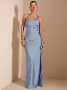 SHEIN BAE 绿色性感吊带露背系带长款缎面鱼尾裙，伴娘裙，缎面裙，性感裙