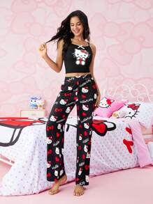 HELLO KITTY AND FRIENDS | SHEIN 女士夏季可爱卡通印花撞色蝴蝶结吊带背心和长裤睡衣套装 - 黑色 - 查看 4