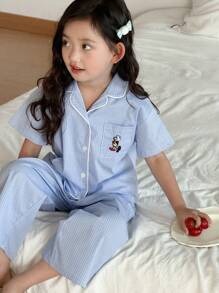 DAZY 女童格子短袖衬衫和裤子家居服套装，春夏款 - 藍色 - 查看 7