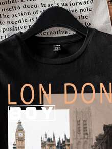 SHEIN EZwear Architectural Landscape Design Casual Short Sleeve Fitted Plus Size T-Shirt For Women, Suitable For Summer