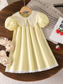 Elladie kids 女童蕾丝花边荷叶边袖连衣裙，甜美可爱风格，优雅清新，夏季 - 黃色 - 查看 3