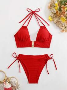 Swim Lushoire 2 pezzi/Set Costume da bagno bikini da donna di colore rosso con collo alto, design con finitura centrale