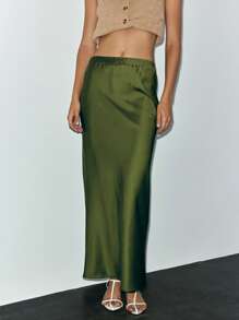 Lumivelle 女士优雅休闲缎面高腰弹力直筒绿色半身裙