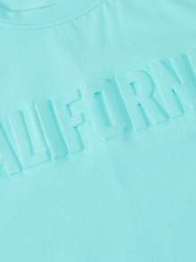 2pcs/Set Teen Boys Spring/Summer Turquoise Casual/Holiday Sporty Outfit, 3D Letter Print Short Sleeve T-Shirt And Shorts Set, Minimalist Sports Suit
