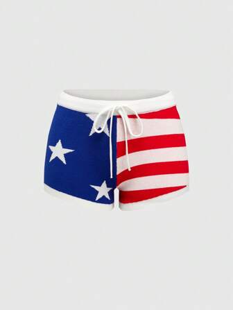 J-Fashion Pantalones cortos de mujer de estilo americano con estampado de rayas y estrellas, para el 4 de julio