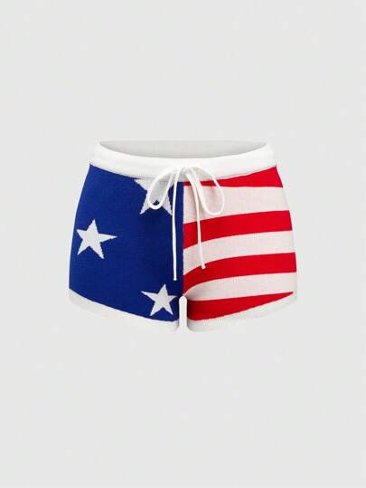 J-Fashion American Style Flag Star Striped Knit Women Shorts,4th Of July